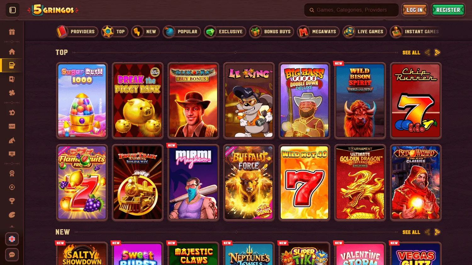 5Gringos Casino games area on a desktop device