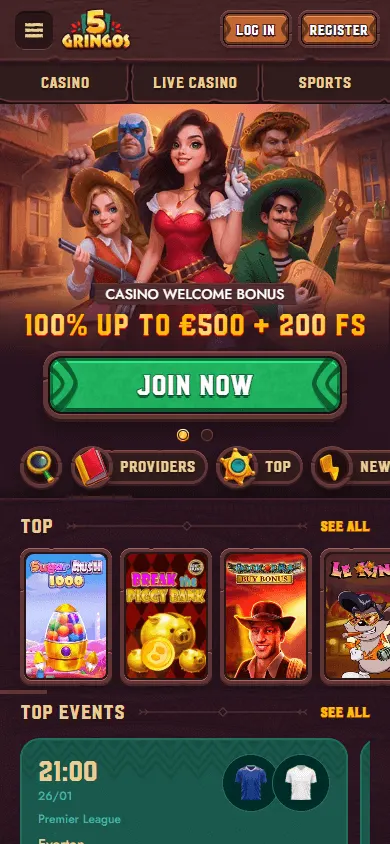 5Gringos Casino home page on a mobile device