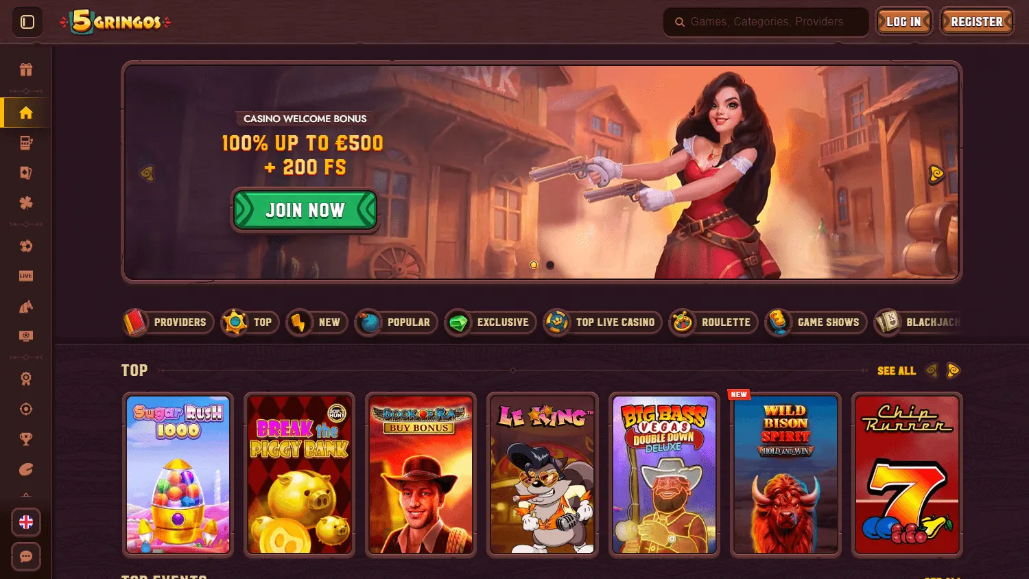 5Gringos Casino home page on a desktop device