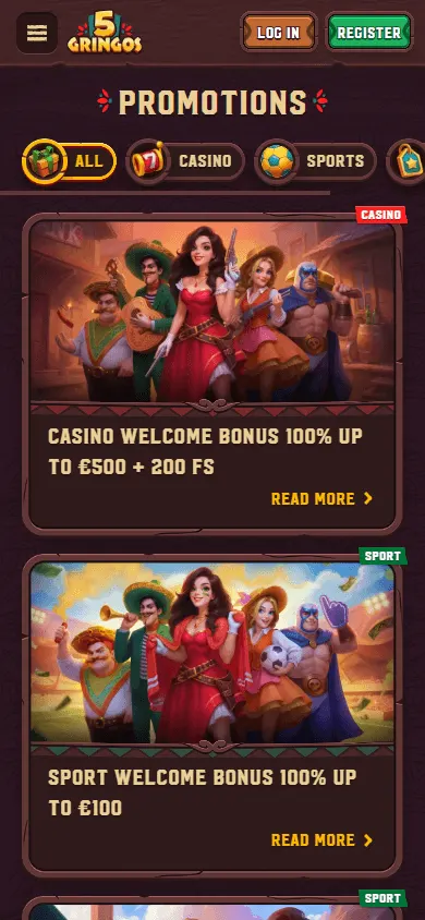 5Gringos Casino promotions area on a mobile device